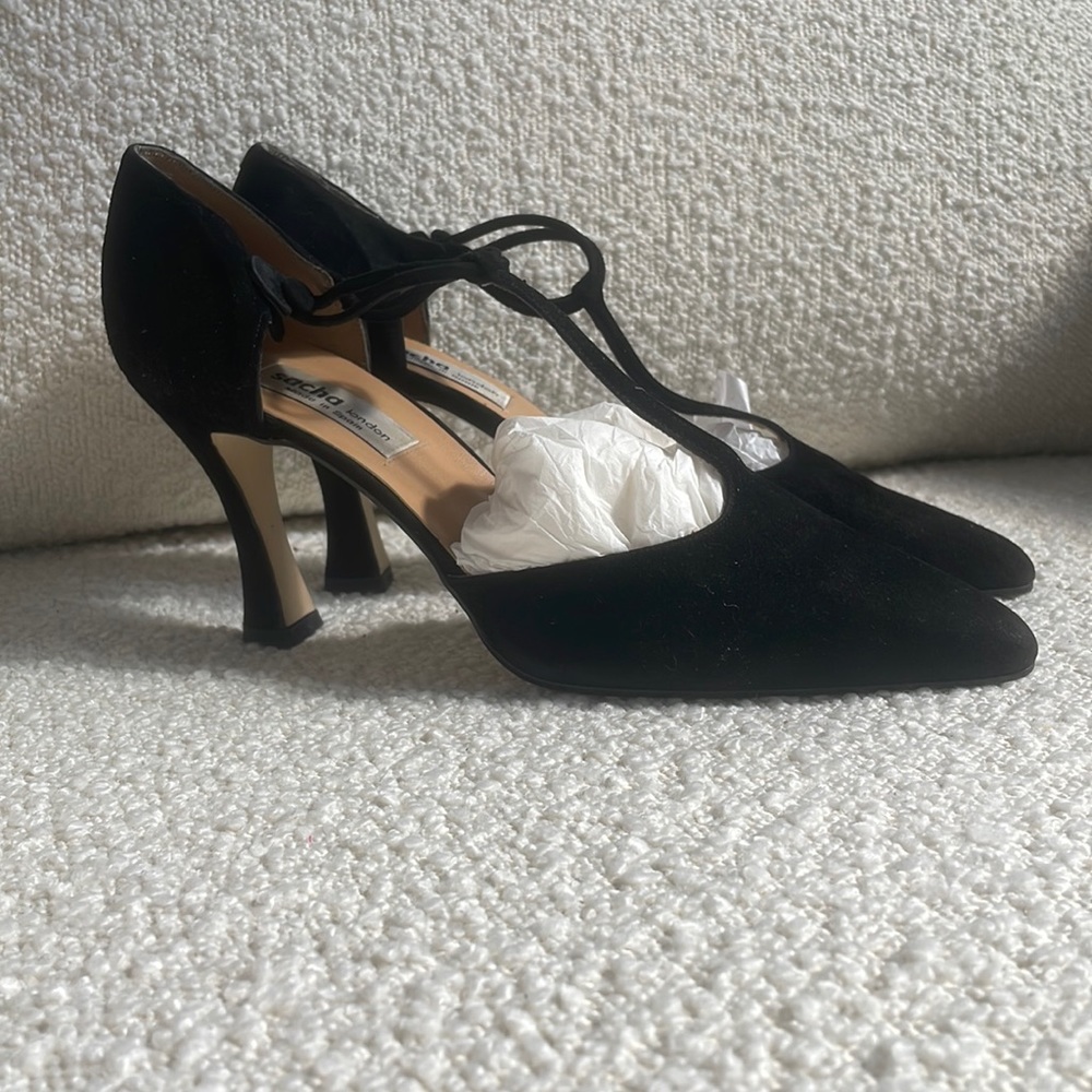 Sacha London Black Suede T-Strap Pointed Heels